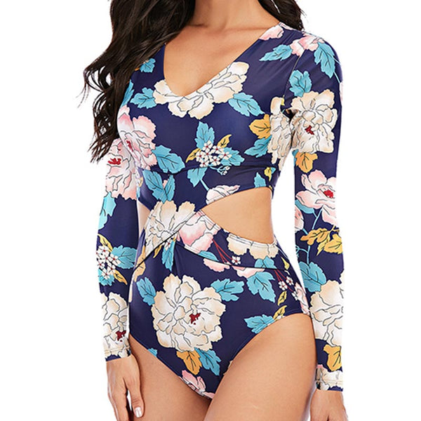 Sexy print v-neck long sleeve midriff one piece swimsuits
