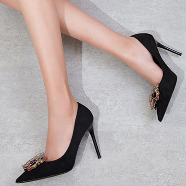 Rhinestone pointed toe suede low-fronted high heels pump shoes