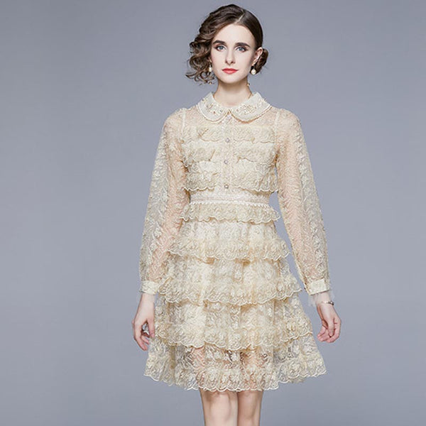 Embroidery lace long sleeve skater dresses