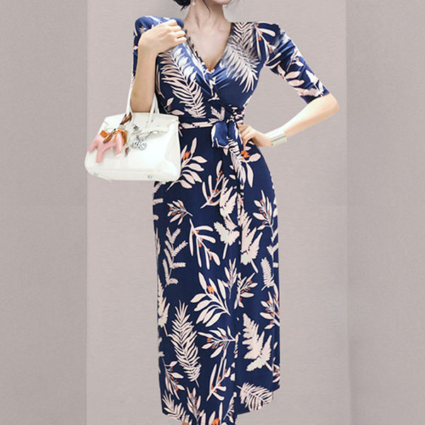 V-neck half sleeve Print wrap summer dresses