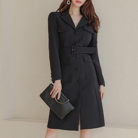 Lapel belted office bodycon midi dresses