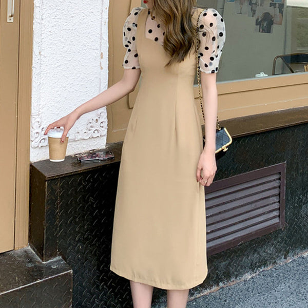 Transparent dot patchwork midi dresses