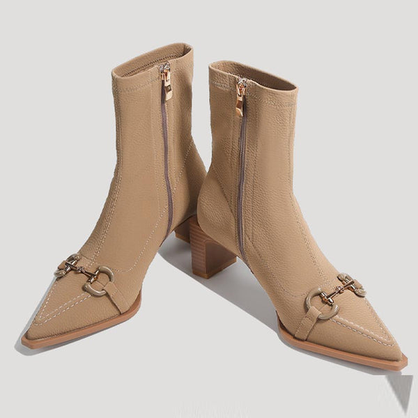 Stylish metal buckle pointed toe chunky heeled booties