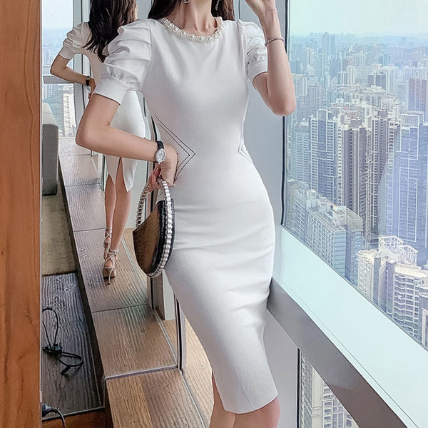 Crew neck pearl embellished solid bodycon dresses