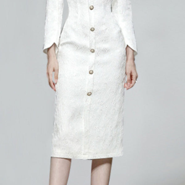 White jacquard single-breasted bowknot sheath dresses