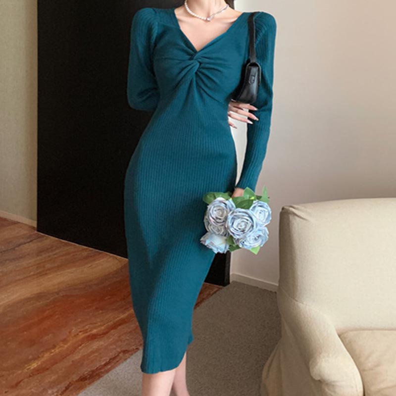 Casual solid v-neck long sleeve bodycon knitting dresses