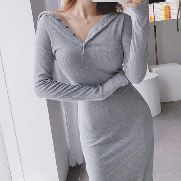 Sexy grey v-neck sheath long sleeve dresses