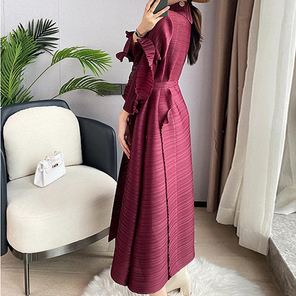 Chic shirred long sleeve belted long dresses