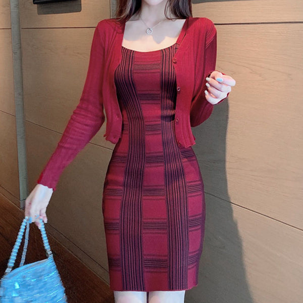 Plaid sheath slip dresses with knitted coat