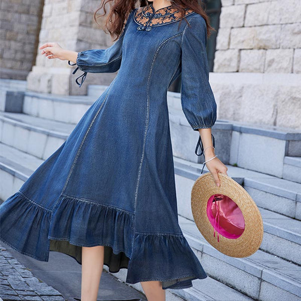 Embroidery frog buckle belted mermaid denim dresses