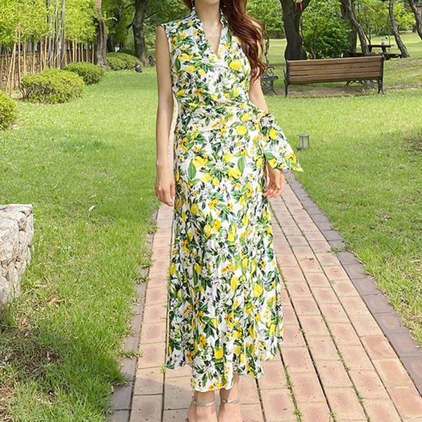 V-neck sleeveless floral maxi dresses