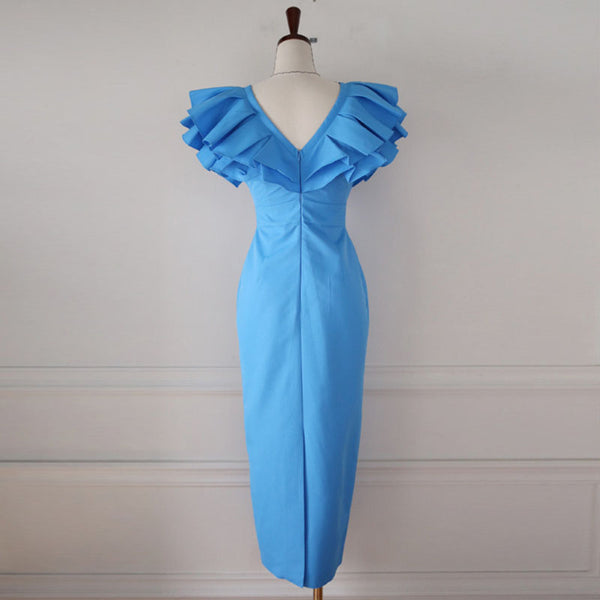 Blue  v-neck ruffle sheath long dresses