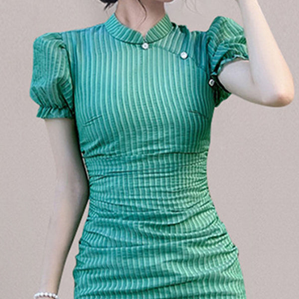 Mandarin collar puff sleeve striped cheongsam dresses