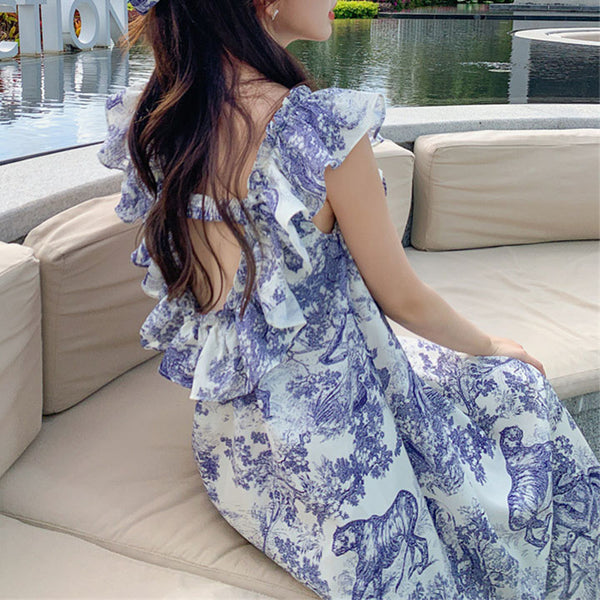 Square neck short sleeve print maxi dresses