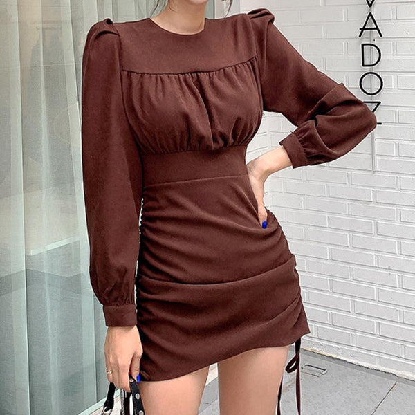 Smocked solid puff sleeve drawstring bodycon dresses