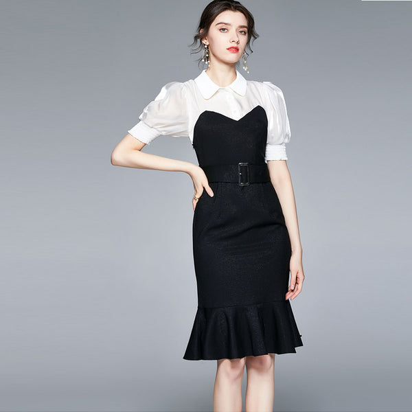 Patchwork puff sleeve turn-down collar belted bodycon dresses
