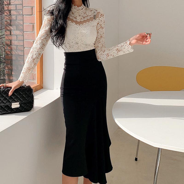 Lace sexy transparent midi skirt suits