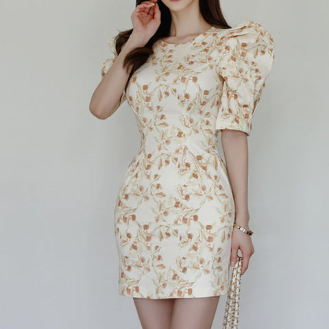 Yellow floral puff sleeve bodycon dresses