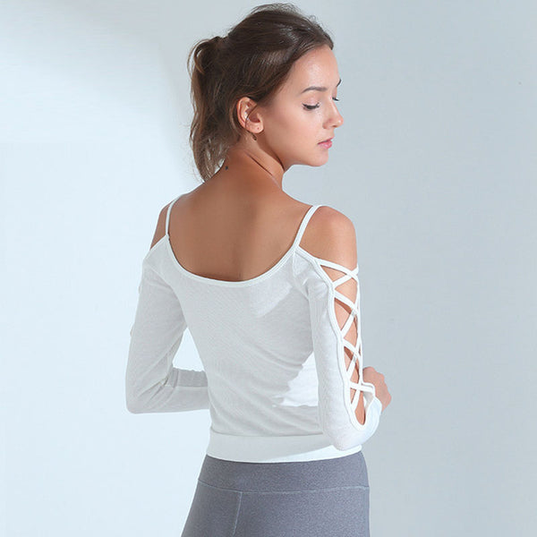 Solid off-the-shoulder openwork long sleeve ribbed yoga tops