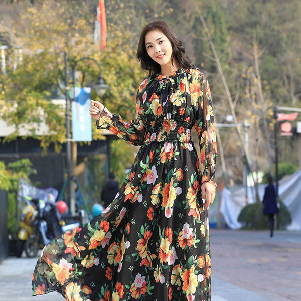 Women's long sleeve floral print maxi dresses