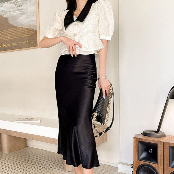 Single-breasted puff sleeve top peplum skirt suits