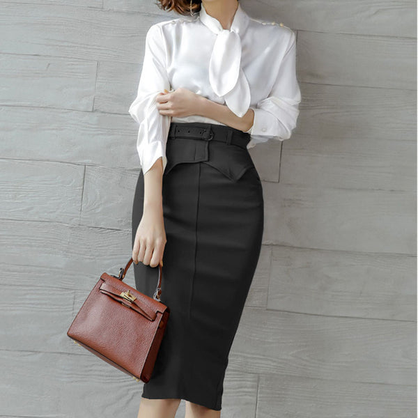 Satin long sleeve shirt belted pencil skirt suits