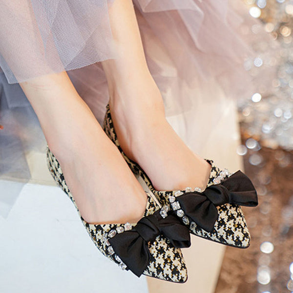 Stylish houndstooth bowknot pointed toe flats