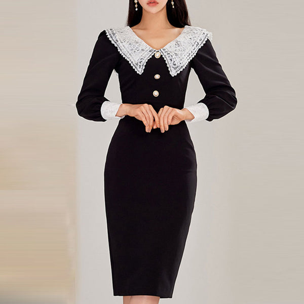 Turn-down collar color blocked bodycon dresses