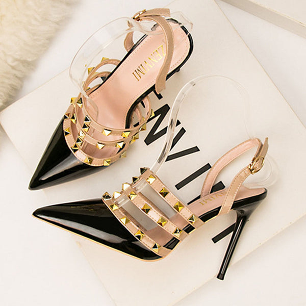 Pointed toe rivet slingback high heels