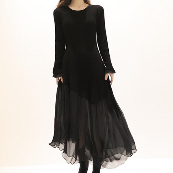 Knitting mesh patch long sleeve crew neck maxi dresses