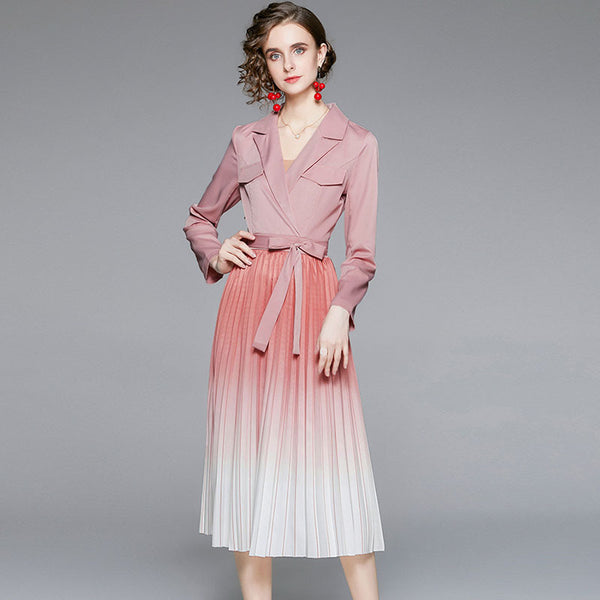 Lapel pleated gradient long sleeve a-line dresses