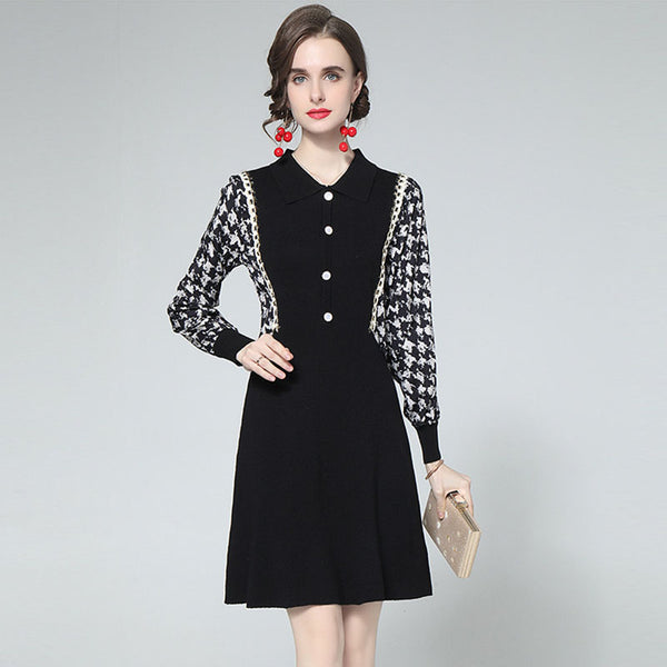 Turn-down collar knitted a-line dresses