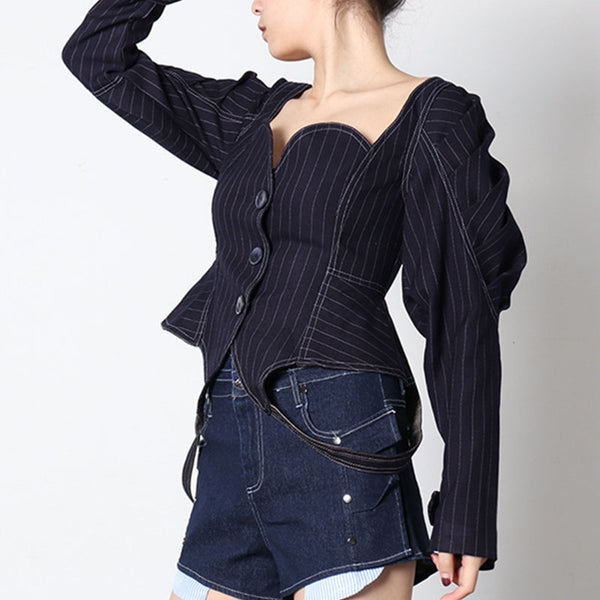 Single-breasted long sleeve striped blouses