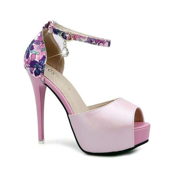 Color blocked peep toe platform high heels