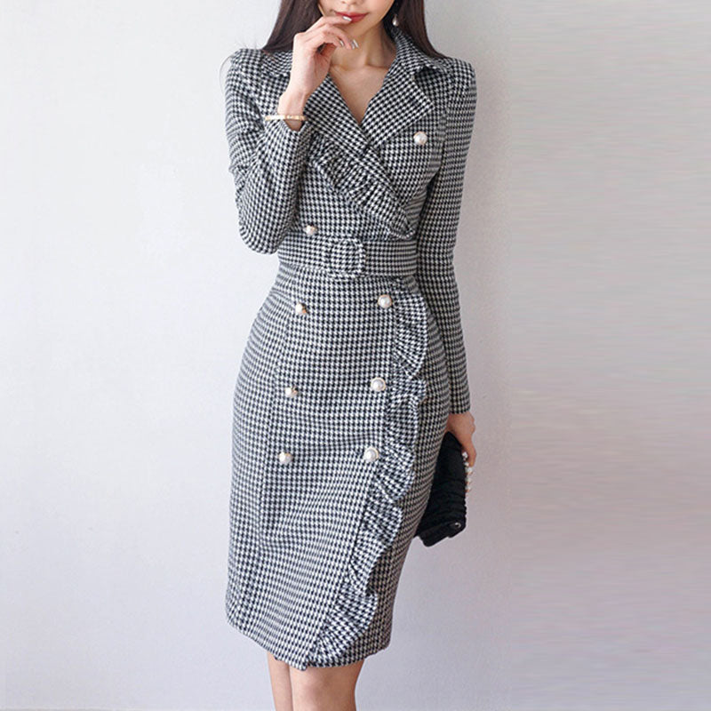 Double-breasted houndstooth bodycon dresses