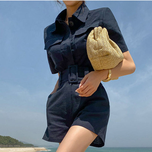 Solid turn-down collar single-breasted short pant suits