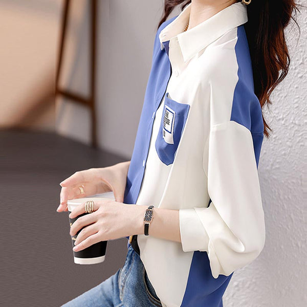 Chic color block lapel long sleeve blouses