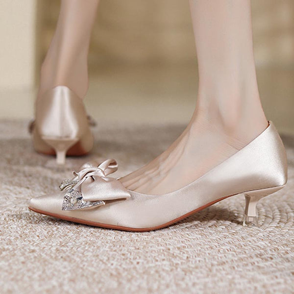 Satin bow knot rhinestones pointed toe thin heeled wedding shoes