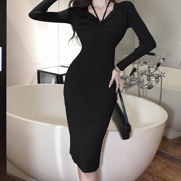 Solid v-neck long sleeve knitting dresses