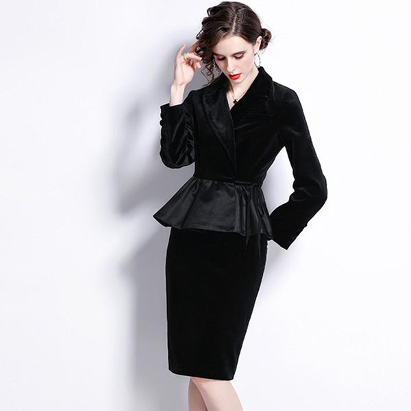 Vintage velvet notched ruffled long sleeve blazers and bodycon skirts suits