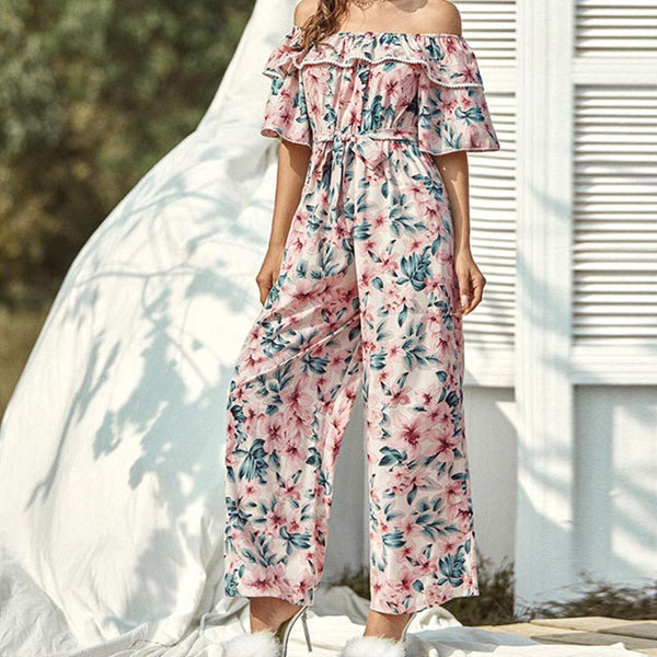 Casual flower print ruffle strapless belted jumpsuits