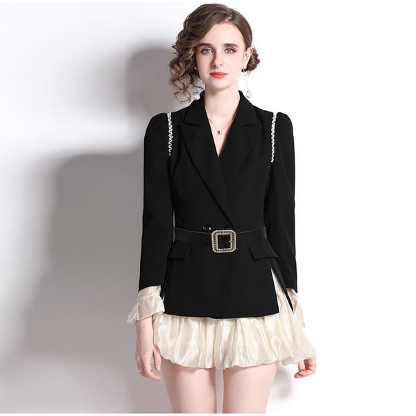 Vintage patch long sleeve belted blazers and mini skirts suits