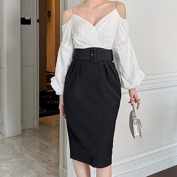 Chic off the shoulder v-neck belted bodycon dresses