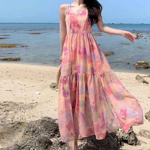 Elegant chiffon floral v-neck strap maxi dresses