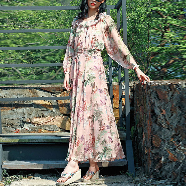 Off-the-shoulder elastic waist floral maxi dresses