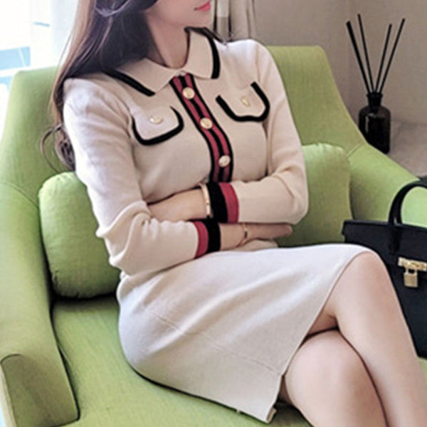 Turn-down collar color blocked knitted dresses