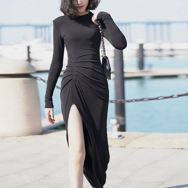 Brief solid o-neck long sleeve shirred split bodycon dresses
