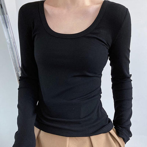 Casual solid u-neck long sleeve knitting tops
