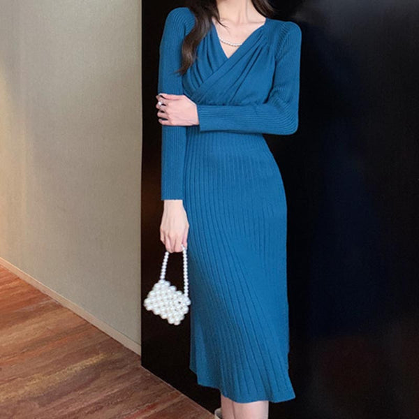 Brief solid v-neck long sleeve bodycon dresses
