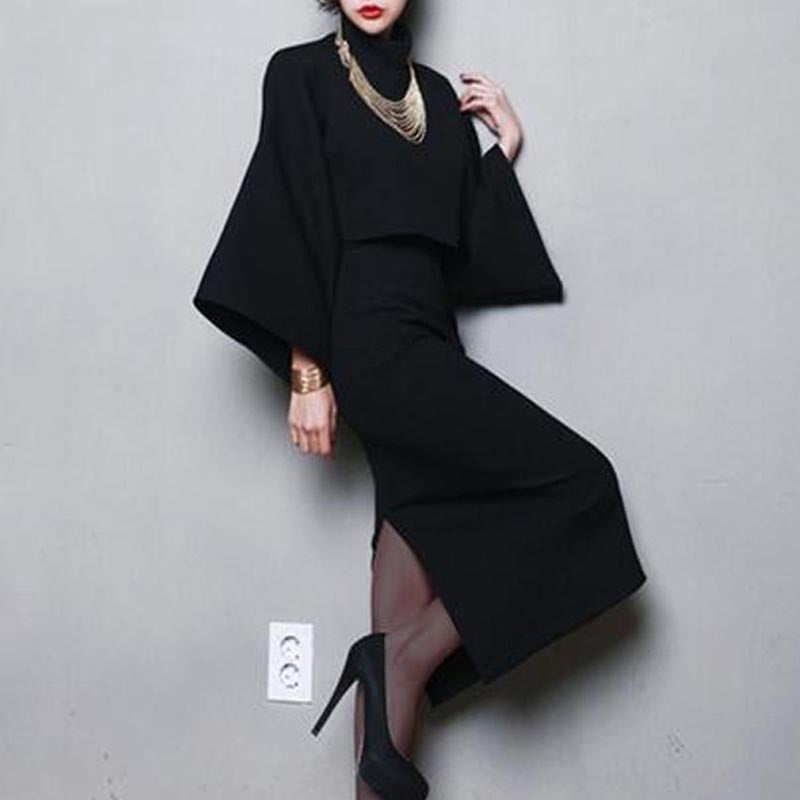 Turtleneck pullover split skirt suits